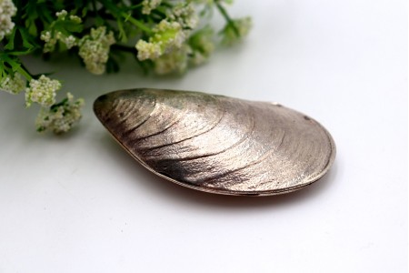 Caixa de comprimidos em prata em forma de mexilhão com relevos